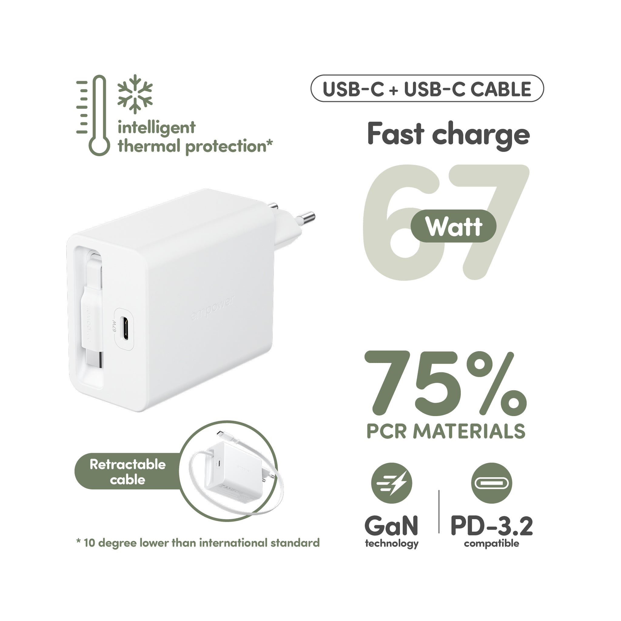 empower™ by PanzerGlass® Turbo 67W Retractable Cable Guy Oplader inkl. USB-C Kabel | EU Stik | Silver White